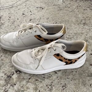Cole Haan White and Gold Sneakers with Leopard Print